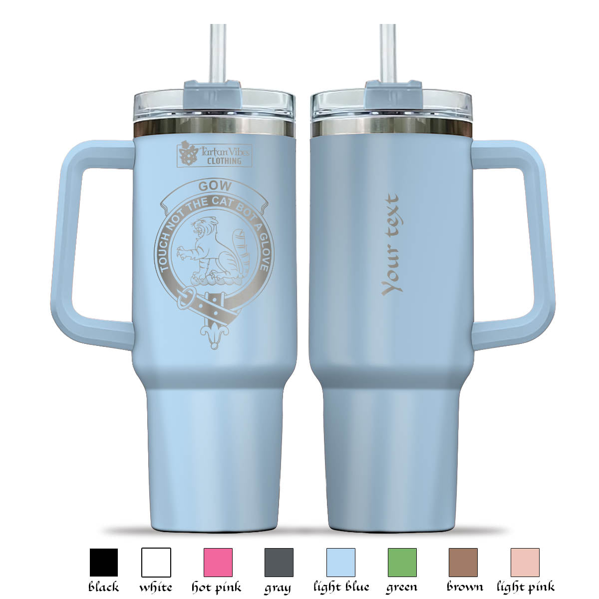 Tartan Vibes Clothing Gow Engraved Family Crest Tumbler with Handle