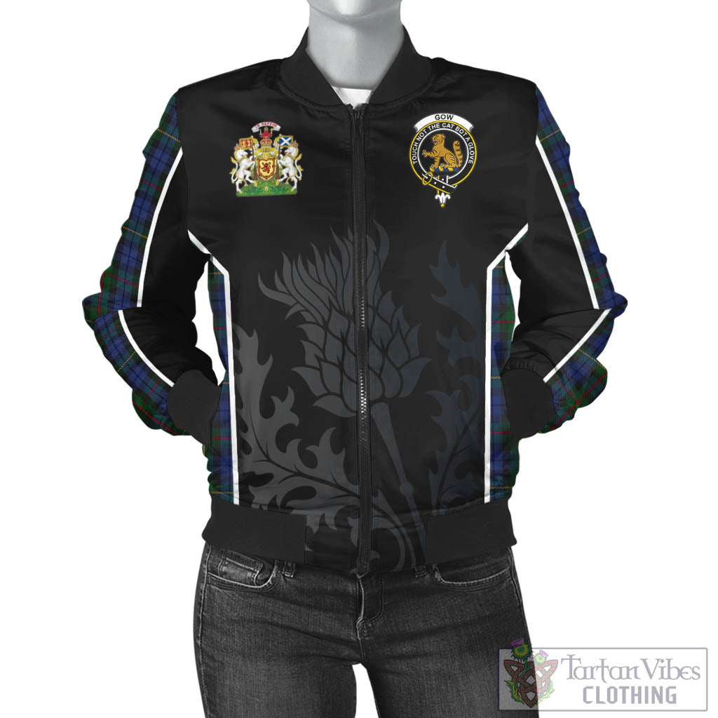 Tartan Vibes Clothing Gow Hunting Tartan Bomber Jacket with Family Crest and Scottish Thistle Vibes Sport Style