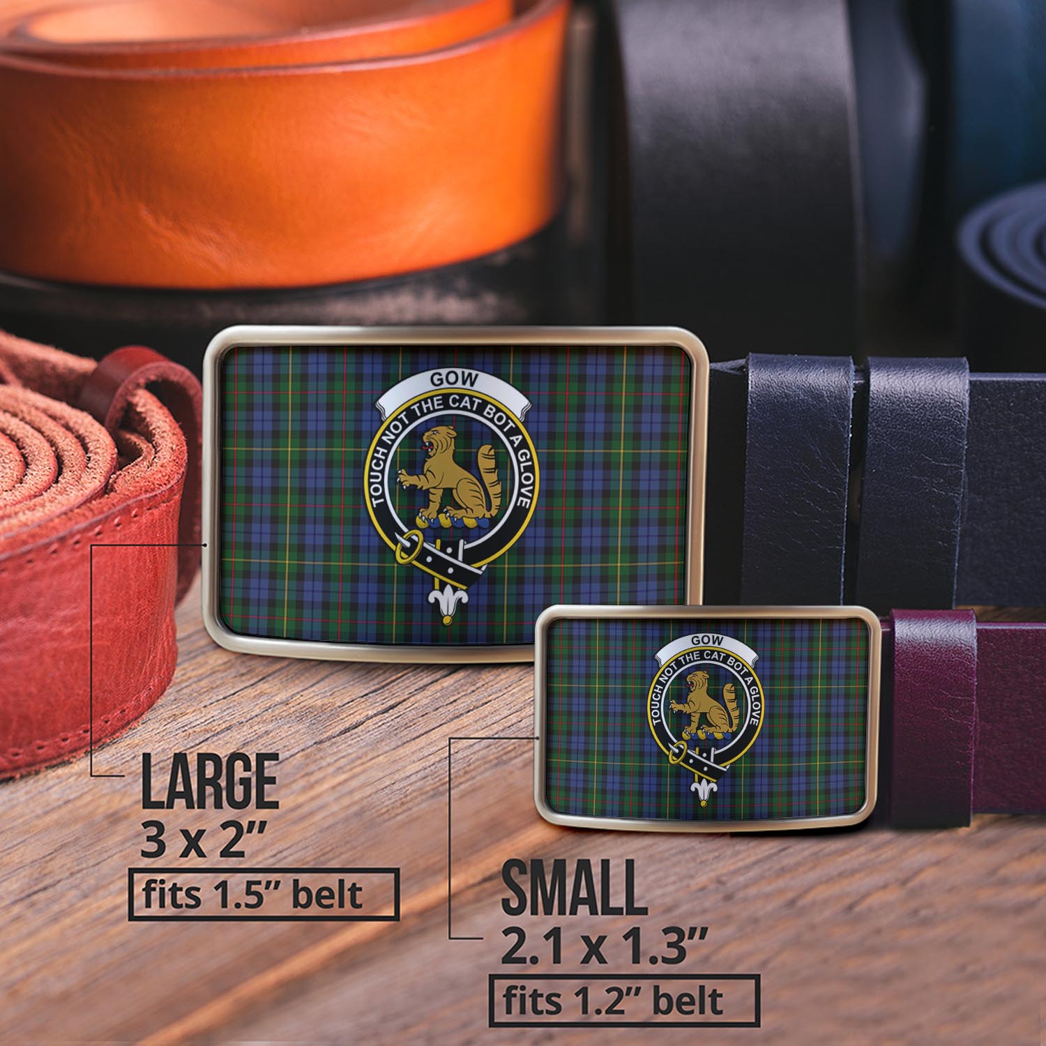 Gow Hunting Tartan Belt Buckles with Family Crest - Tartanvibesclothing