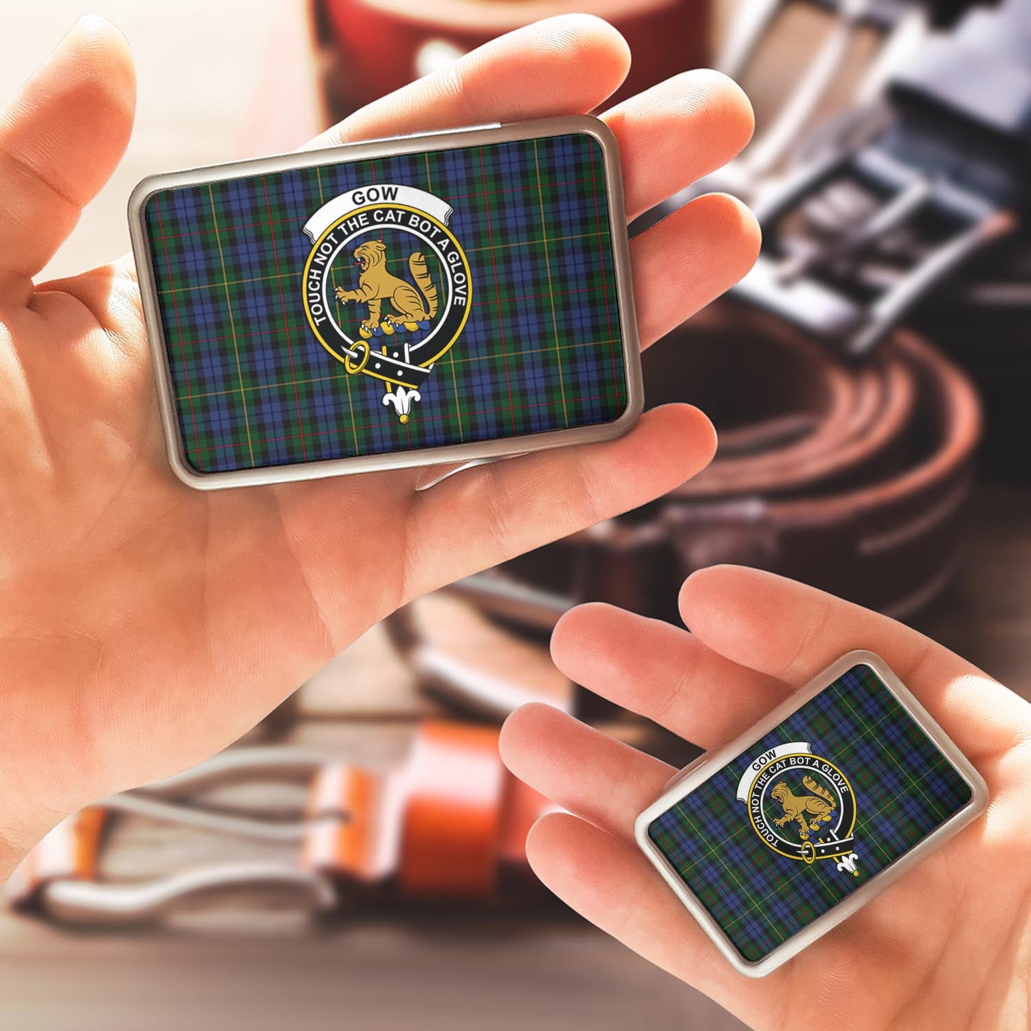 Gow Hunting Tartan Belt Buckles with Family Crest - Tartanvibesclothing