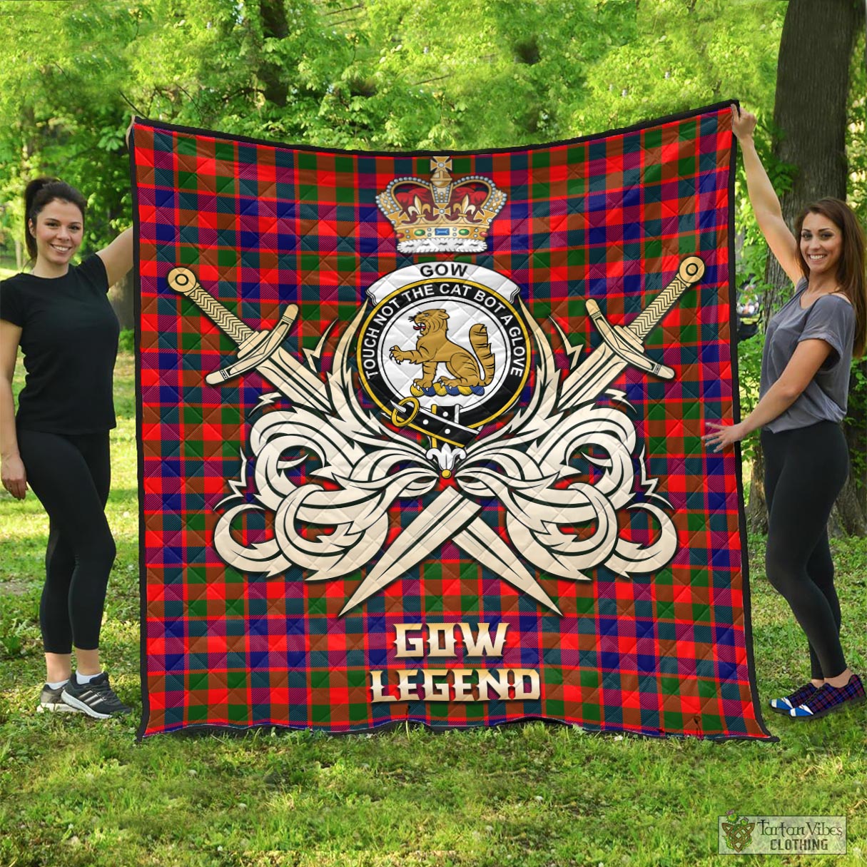 Tartan Vibes Clothing Gow Modern Tartan Quilt with Clan Crest and the Golden Sword of Courageous Legacy