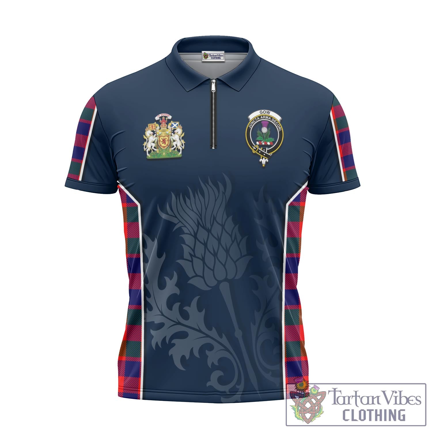 Tartan Vibes Clothing Gow of Skeoch Tartan Zipper Polo Shirt with Family Crest and Scottish Thistle Vibes Sport Style
