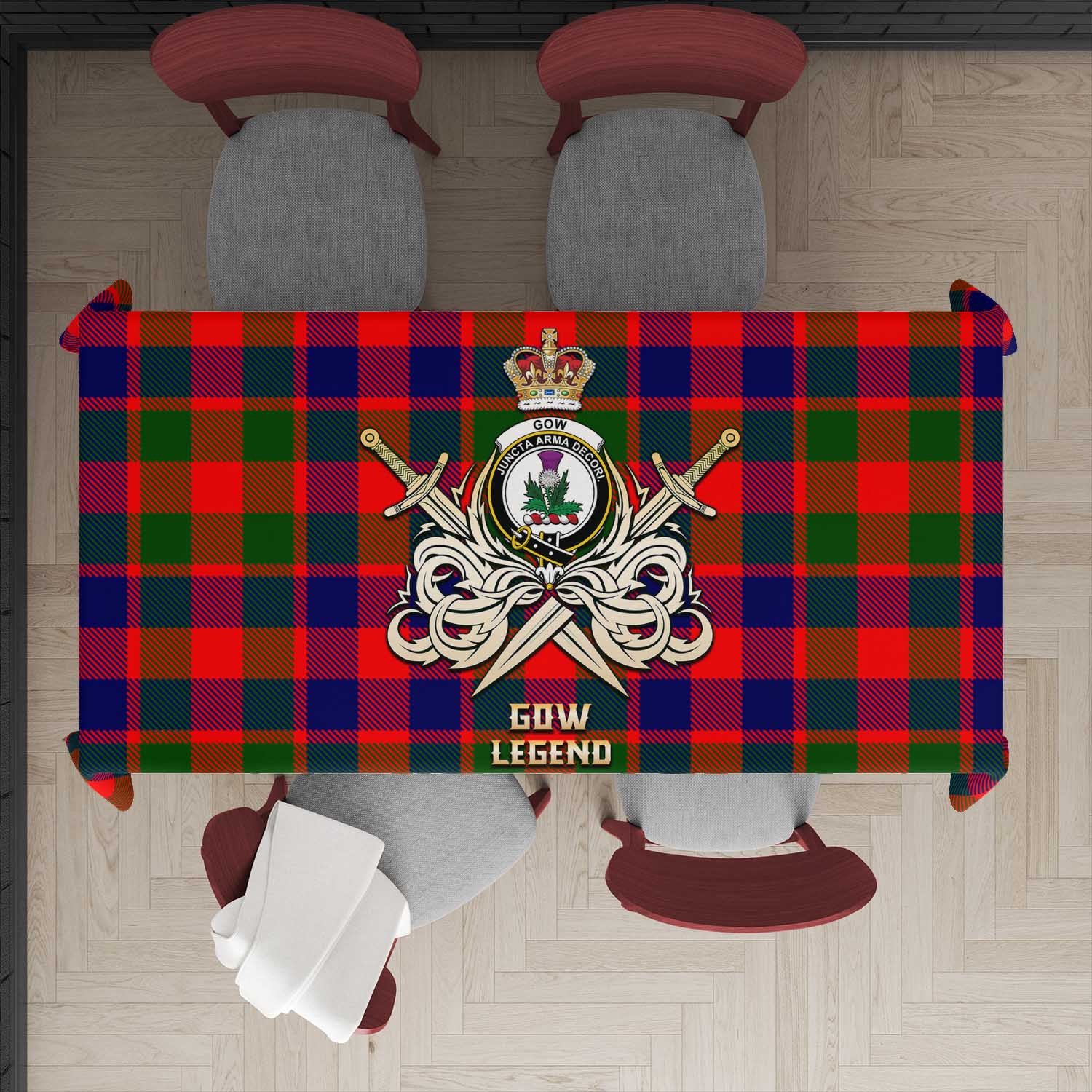 Tartan Vibes Clothing Gow of Skeoch Tartan Tablecloth with Clan Crest and the Golden Sword of Courageous Legacy