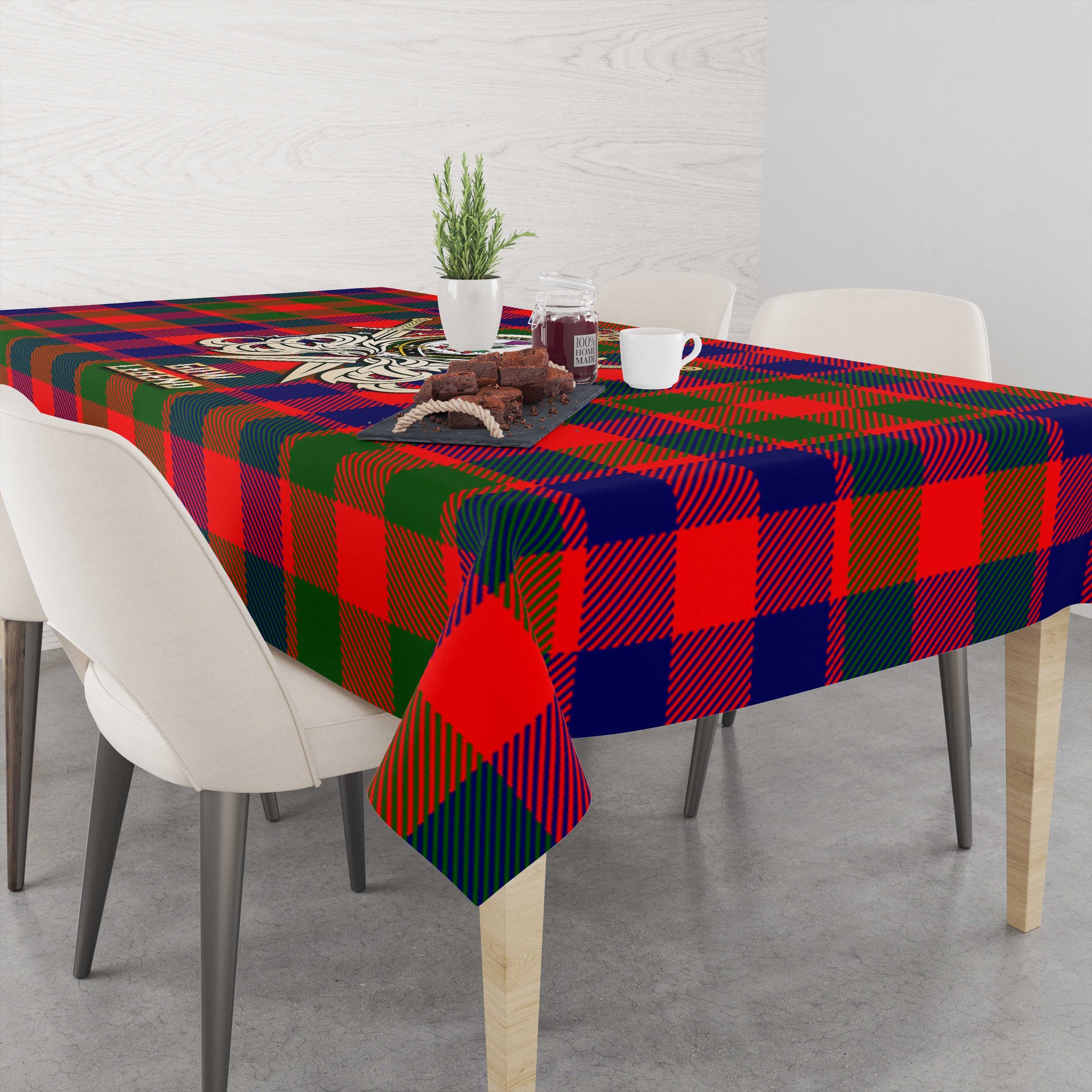 Tartan Vibes Clothing Gow of Skeoch Tartan Tablecloth with Clan Crest and the Golden Sword of Courageous Legacy