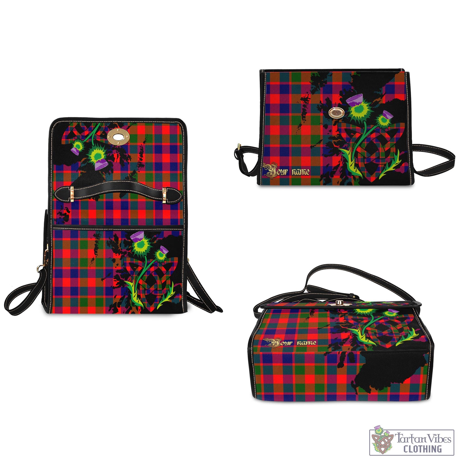 Tartan Vibes Clothing Gow of Skeoch Tartan Waterproof Canvas Bag with Scotland Map and Thistle Celtic Accents