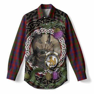 Gow Tartan Crest Bagpipe Nessie Women Casual Shirt Scottish Loch Ness Monster Celtic Thistle