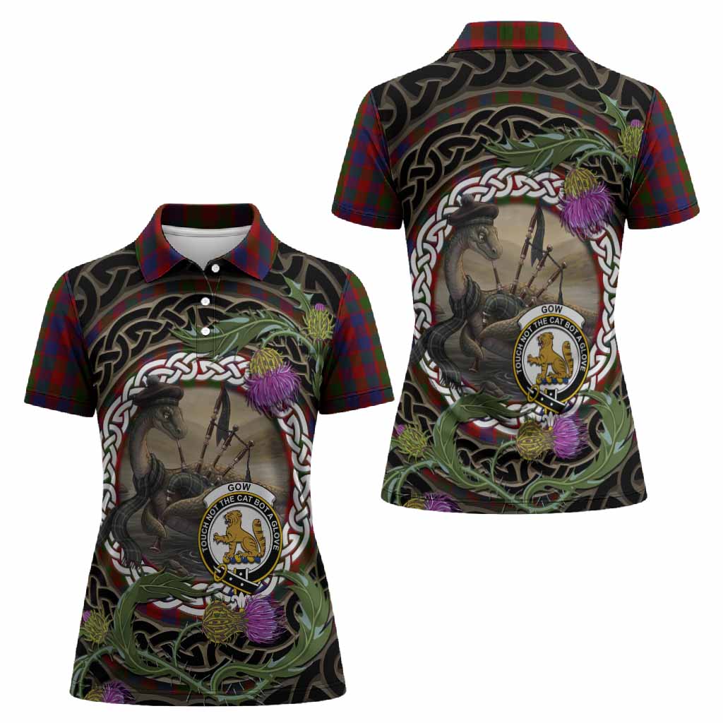 Gow Tartan Crest Bagpipe Nessie Women Polo Shirt Scottish Loch Ness Monster Celtic Thistle