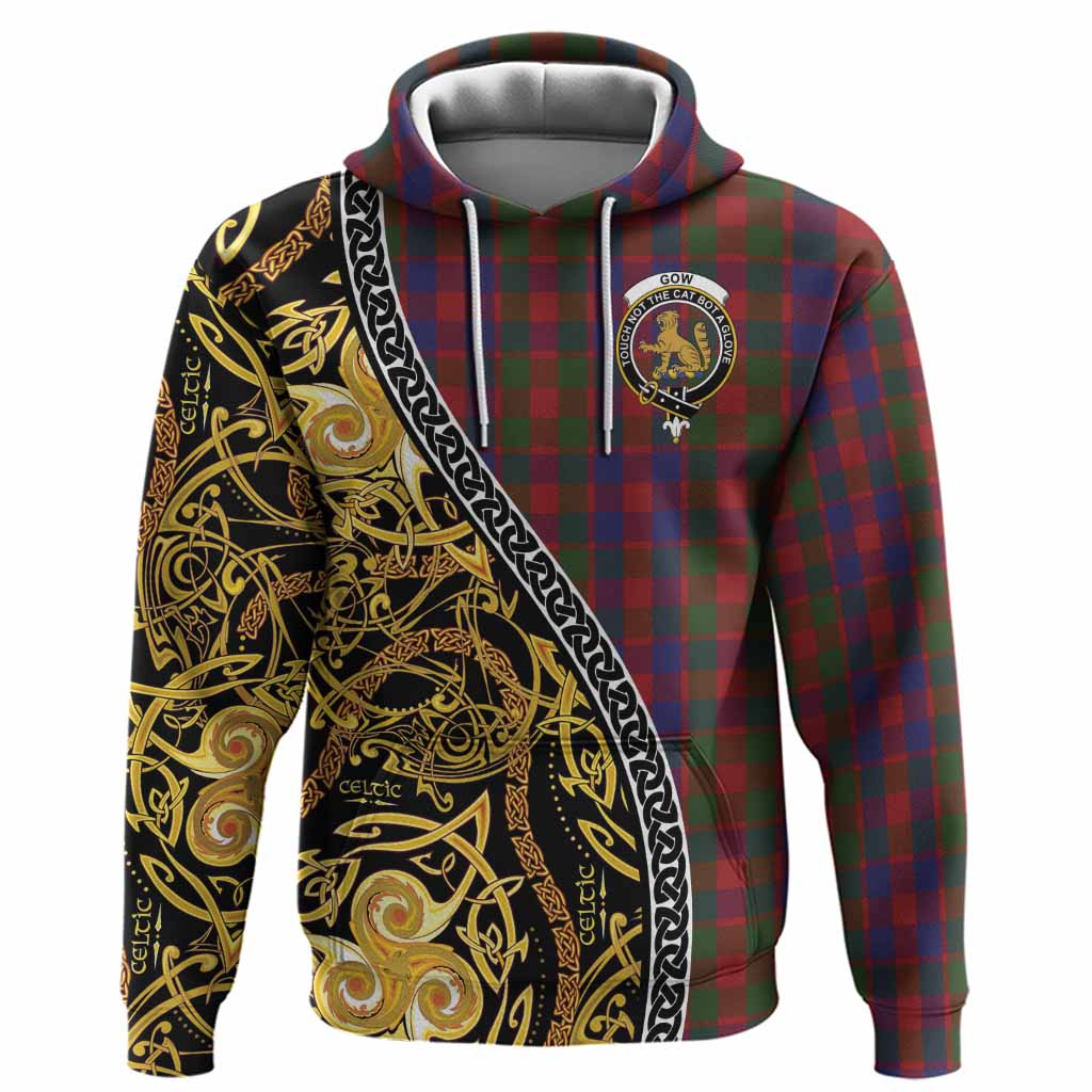 Gow Tartan Crest Hoodie Celtic Knot and Triple Trickle Spiral Symbols