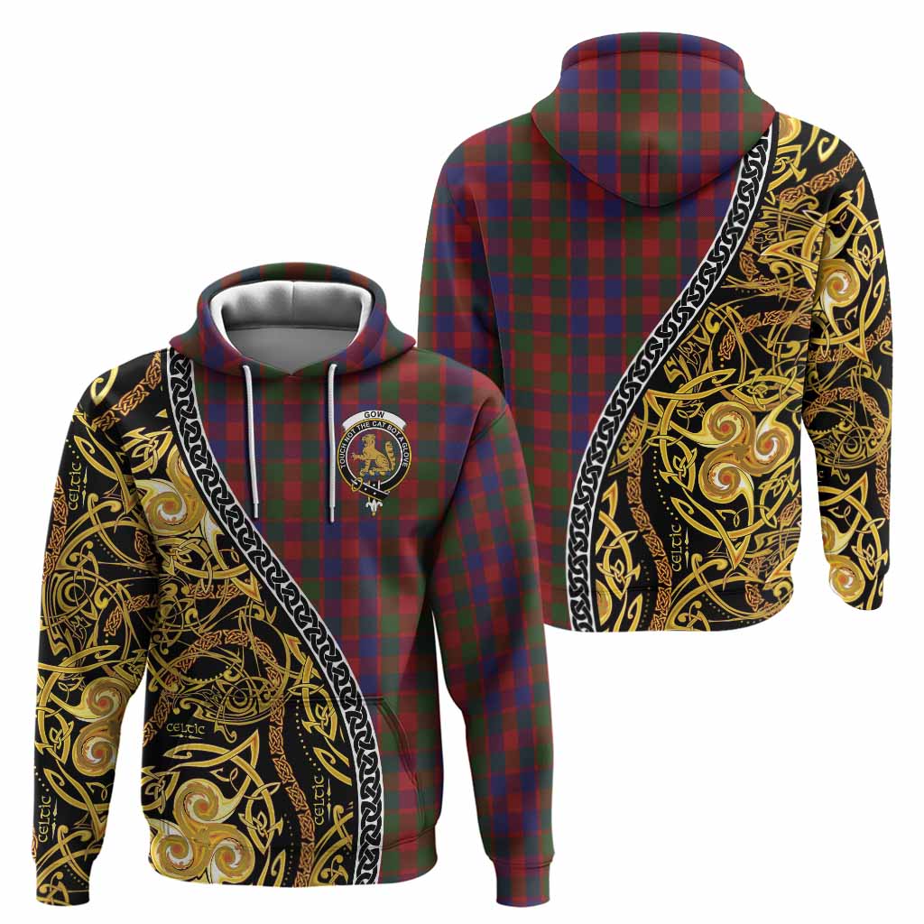 Gow Tartan Crest Hoodie Celtic Knot and Triple Trickle Spiral Symbols