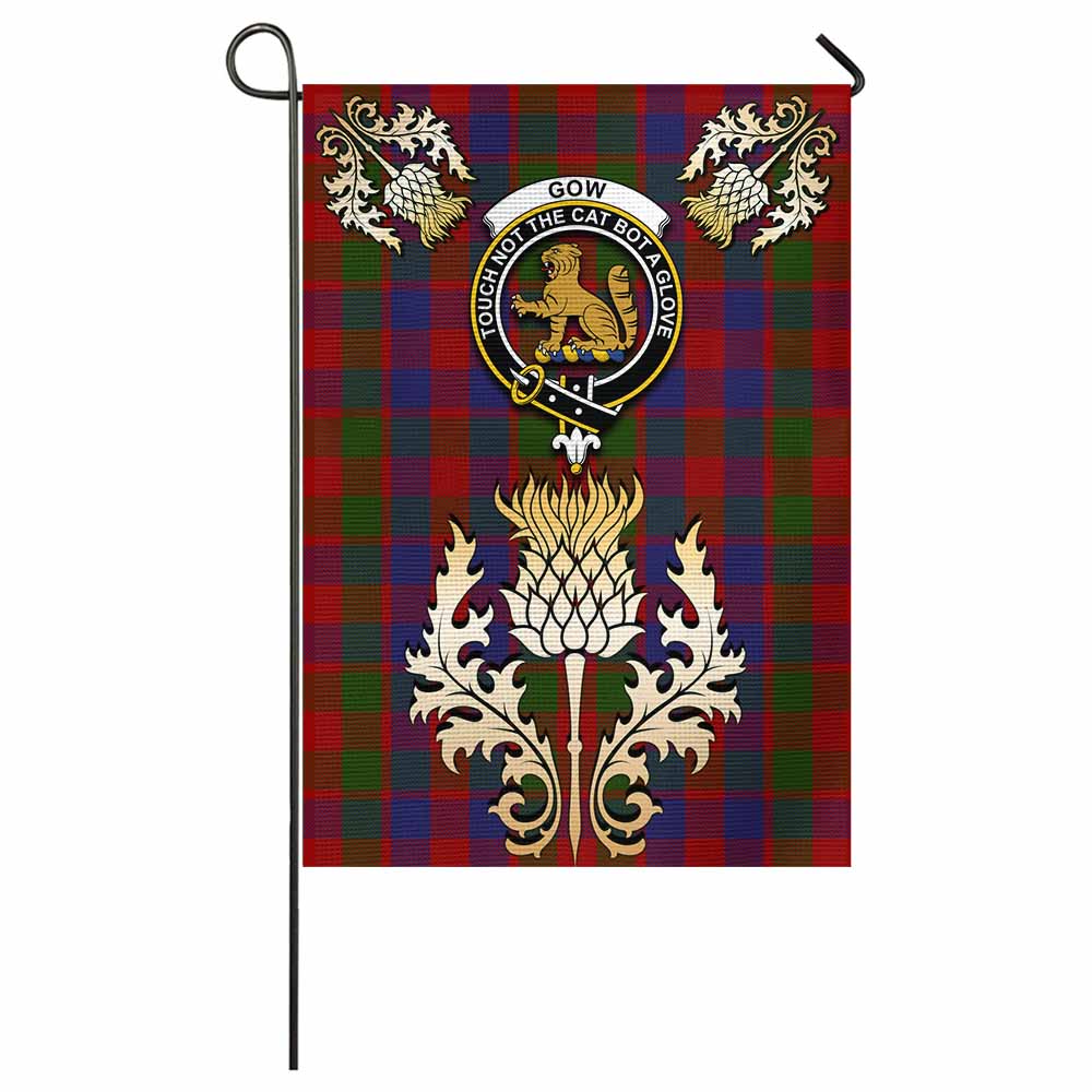 Gow Tartan Garden Flag with Golden Regal Scottish Thistle Emblem - Tartan Vibes Clothing