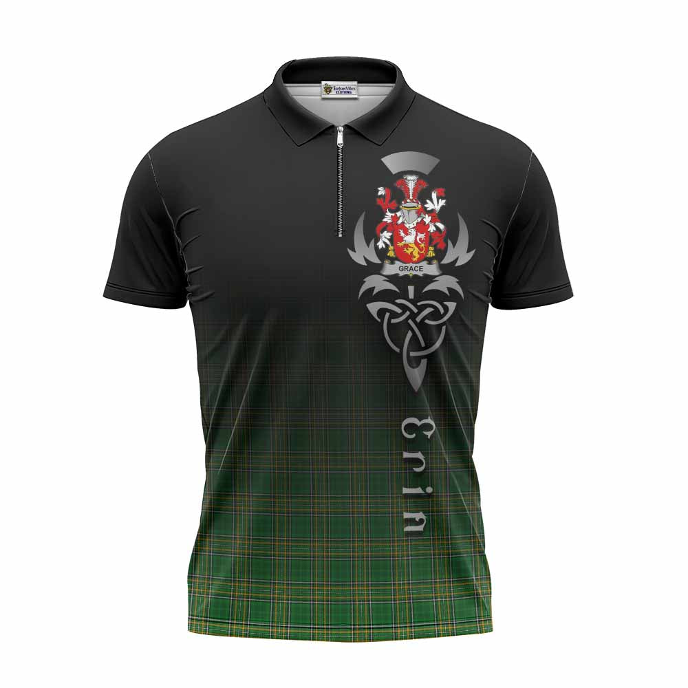 Tartan Vibes Clothing Grace Irish Clan Zipper Polo Shirt with Coat of Arms Erin Go Bragh Celtic Inspired