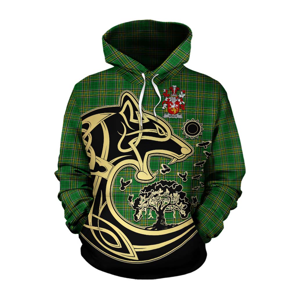 Tartan Vibes Clothing Grace Irish Tartan Cotton Hoodie with Coat of Arms Celtic Wolf Style