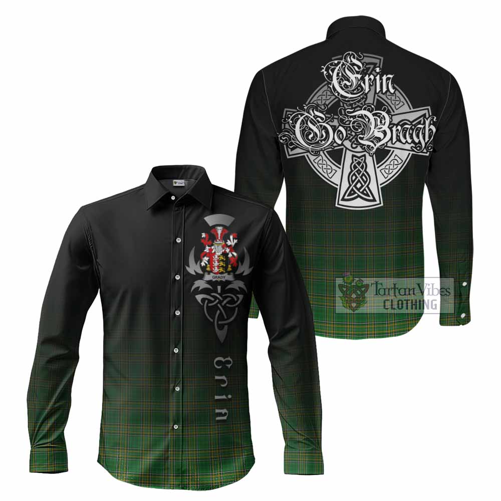 Tartan Vibes Clothing Grady Irish Clan Long Sleeve Button Shirt with Coat of Arms Erin Go Bragh Celtic Inspired