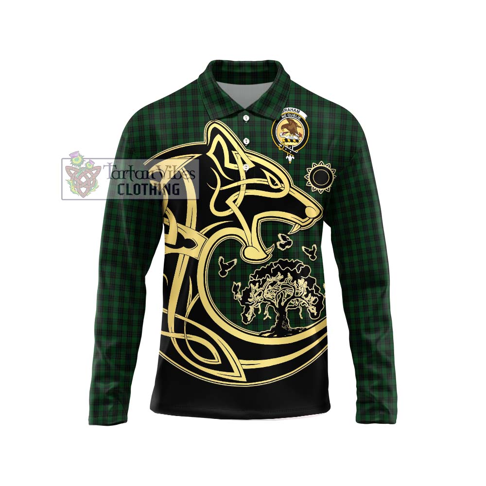 Graham Tartan Long Sleeve Polo Shirt with Family Crest Celtic Wolf Style Unisex - Tartanvibesclothing Shop