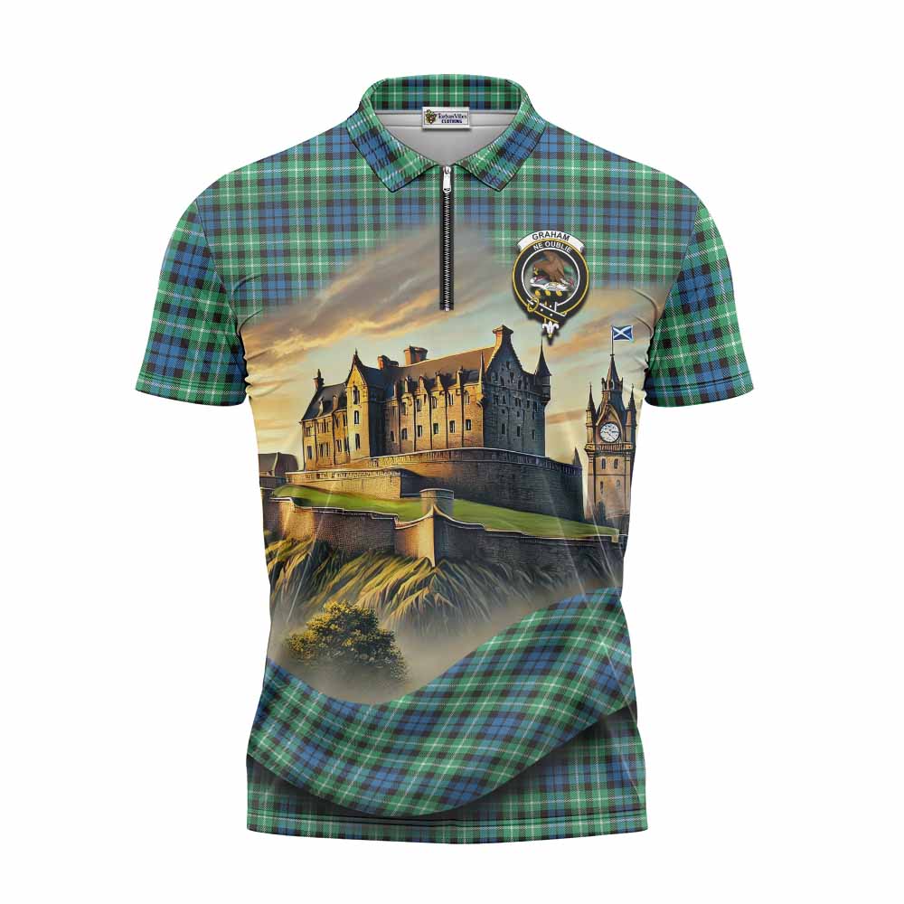 Tartan Vibes Clothing Graham Tartan Family Crest Zipper Polo Shirt with Scottish Ancient Castle Stype