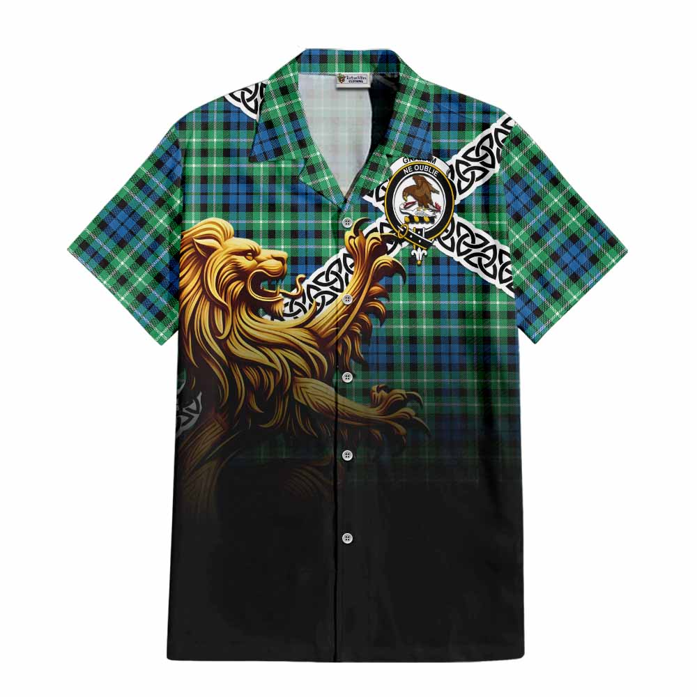Tartan Vibes Clothing Graham Crest Tartan Short Sleeve Button Shirt with Golden Lion Emblem Celtic Style