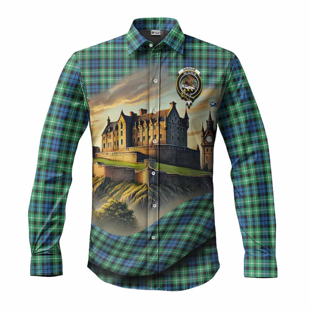 Tartan Vibes Clothing Graham Tartan Family Crest Long Sleeve Button Shirt with Scottish Ancient Castle Style
