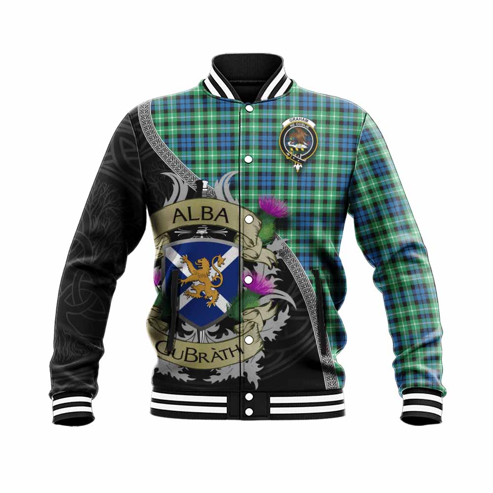 Tartan Vibes Clothing Graham Tartan Family Crest Baseball Jacket Lion Rampant Royal Thistle Shield Celtic Inspired