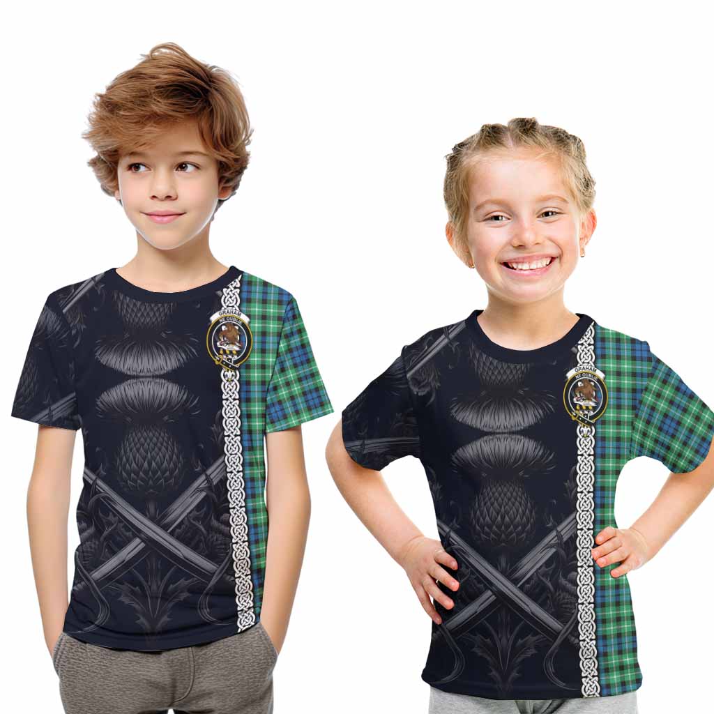 Tartan Vibes Clothing Graham Tartan Kid T-Shirt with Family Crest Cross Sword Thistle Celtic Vibes