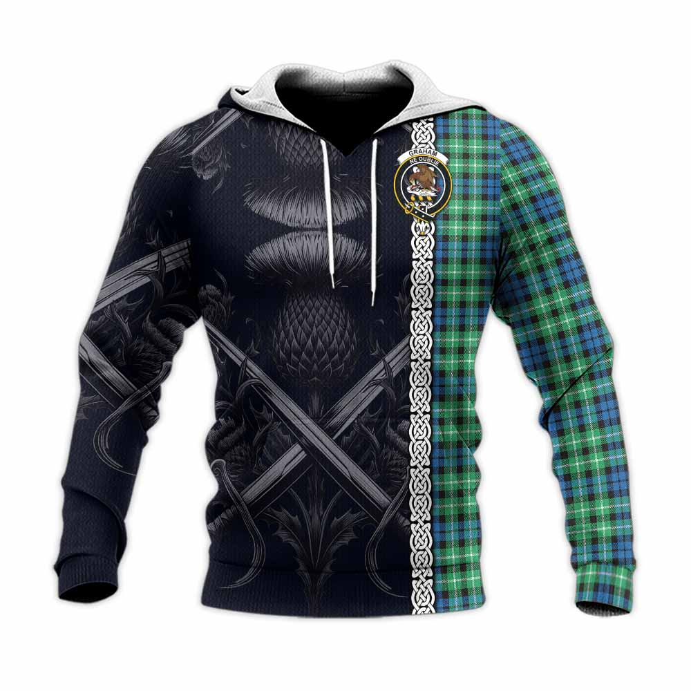 Tartan Vibes Clothing Graham Tartan Knitted Hoodie with Family Crest Cross Sword Thistle Celtic Vibes