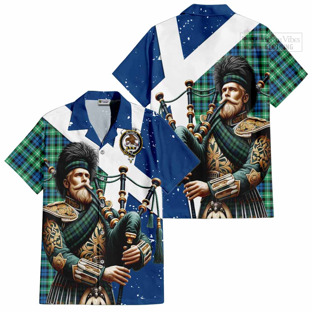 Tartan Vibes Clothing Graham Tartan Short Sleeve Button Shirt with Family Crest Scottish Bagpiper Vibes