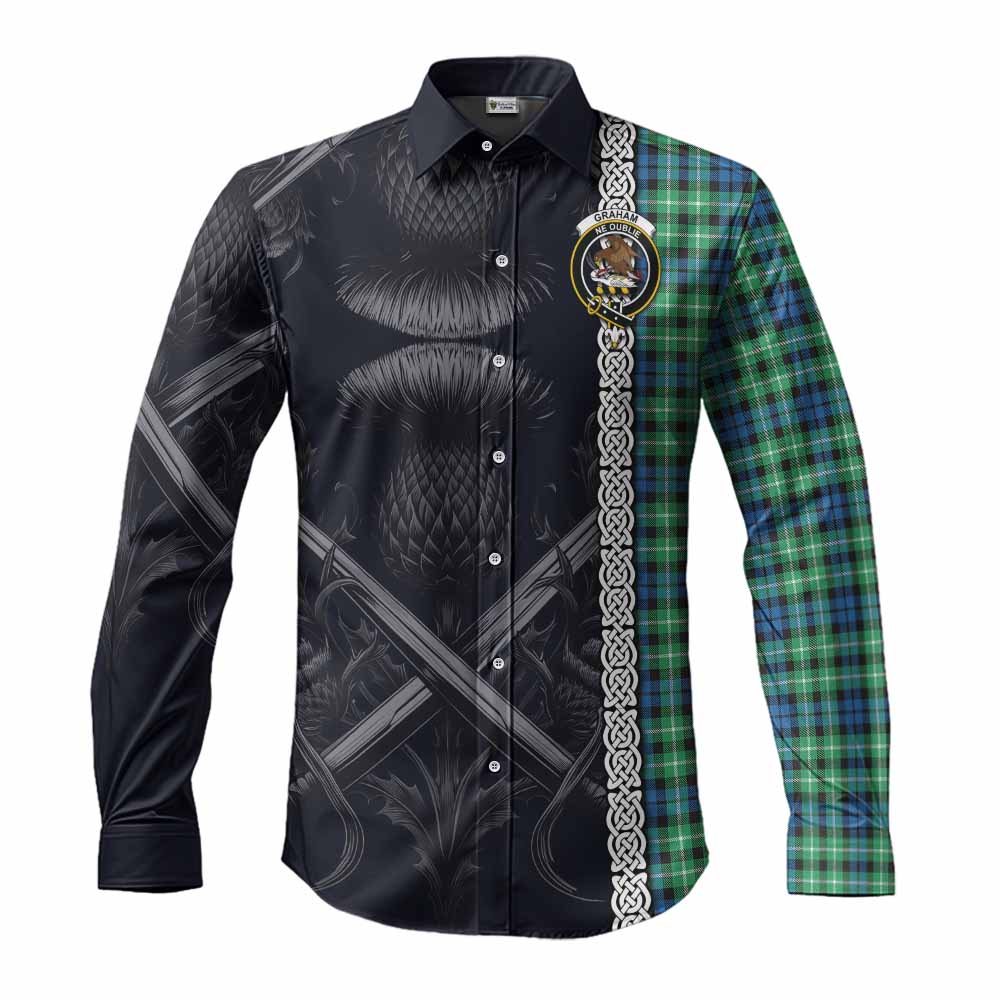 Tartan Vibes Clothing Graham Tartan Long Sleeve Button Shirt with Family Crest Cross Sword Thistle Celtic Vibes