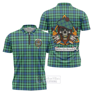 Graham Tartan Zipper Polo Shirt with Family Crest and Bearded Skull Holding Bottles of Whiskey