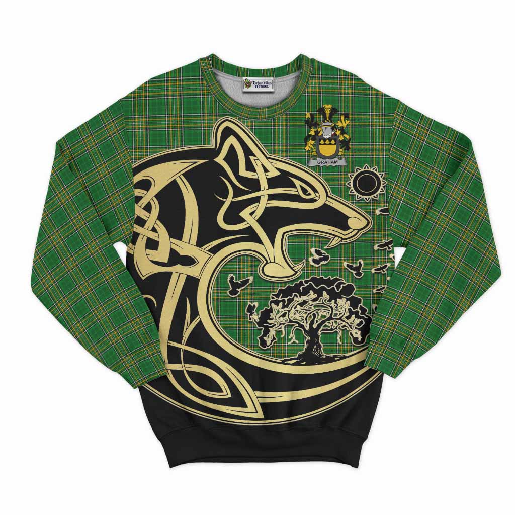 Tartan Vibes Clothing Graham Irish Tartan Sweatshirt with Coat of Arms Celtic Wolf Style