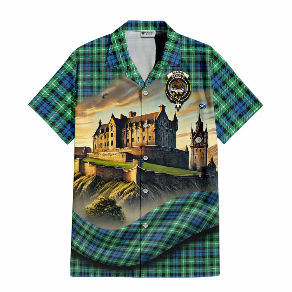 Tartan Vibes Clothing Graham Tartan Family Crest Short Sleeve Button Shirt with Scottish Ancient Castle Style