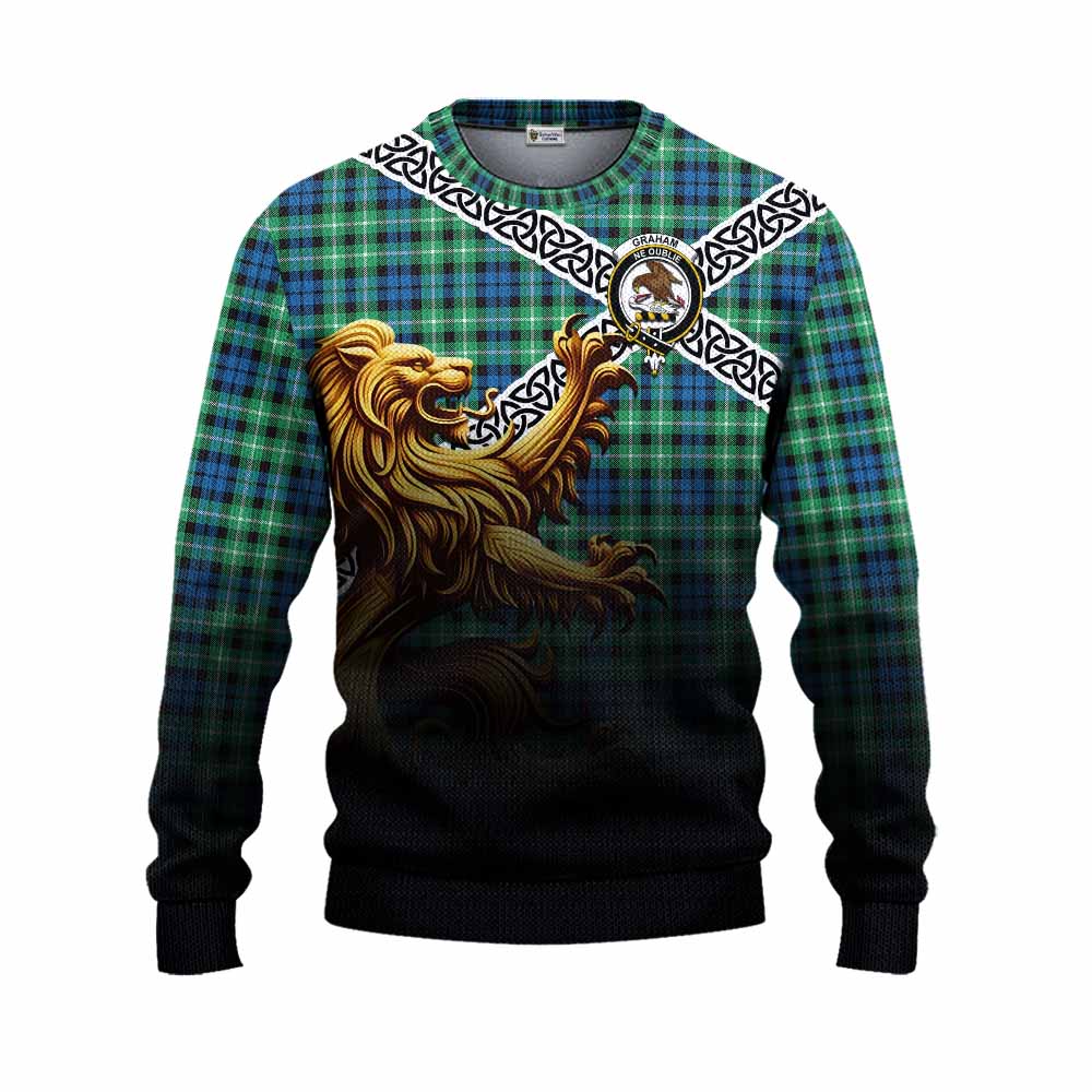 Tartan Vibes Clothing Graham Crest Tartan Knitted Sweater with Golden Lion Emblem Celtic Style