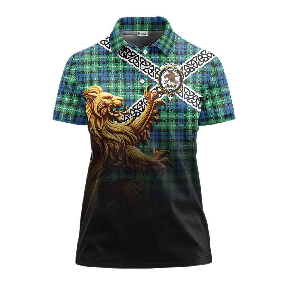 Tartan Vibes Clothing Graham Crest Tartan Women's Polo Shirt with Golden Lion Emblem Celtic Style