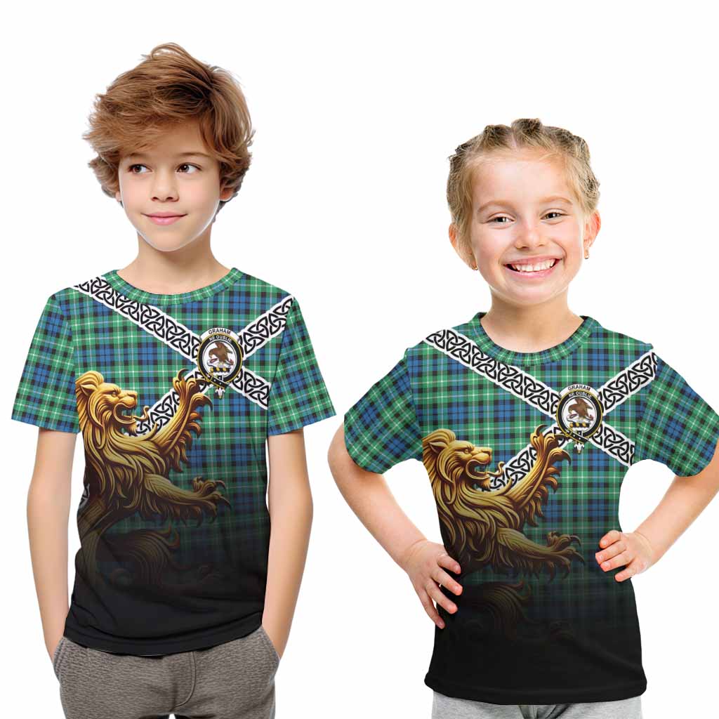 Tartan Vibes Clothing Graham Crest Tartan Kid T-Shirt with Golden Lion Emblem Celtic Style