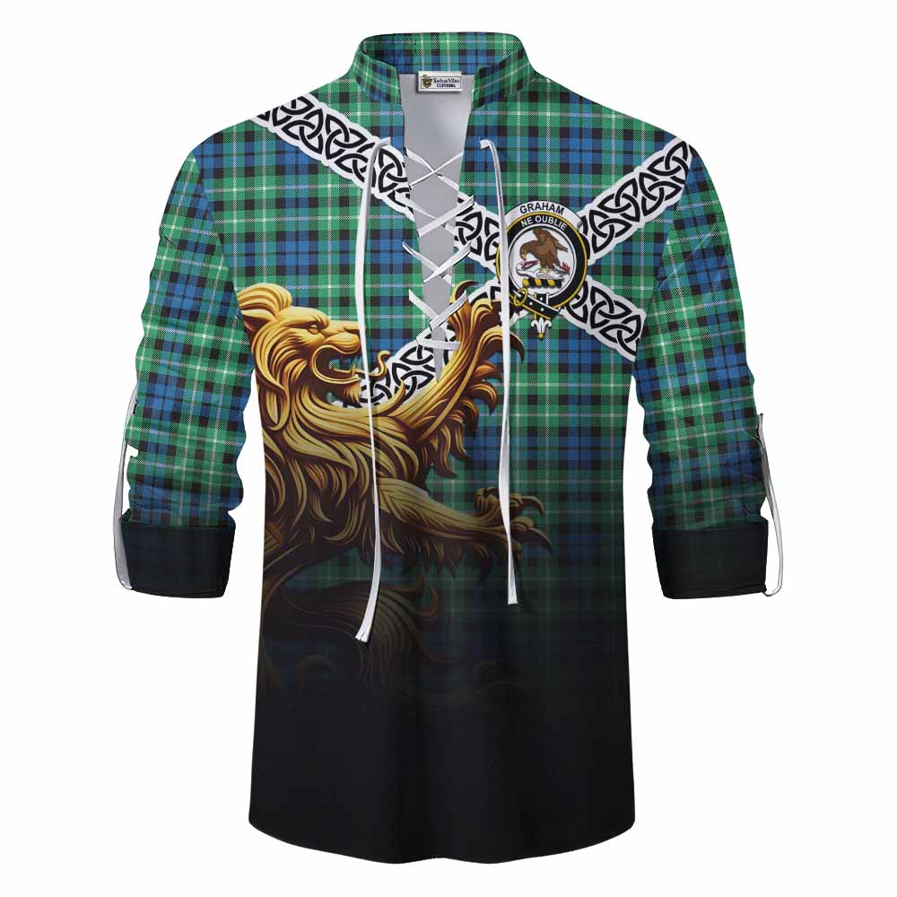 Tartan Vibes Clothing Graham Crest Tartan Ghillie Kilt Shirt with Golden Lion Emblem Celtic Style