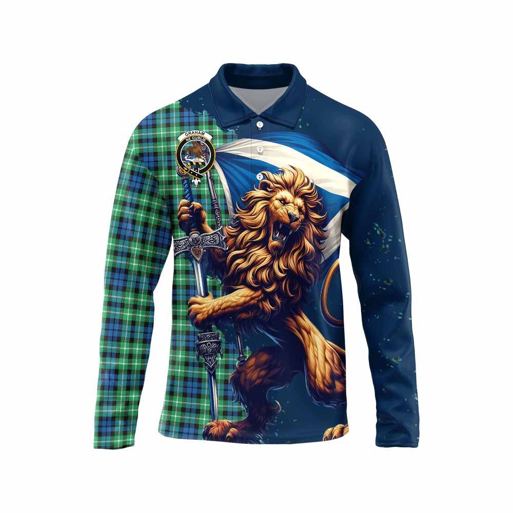 Tartan Vibes Clothing Graham Tartan Family Crest Long Sleeve Polo Shirt with Scottish Majestic Lion