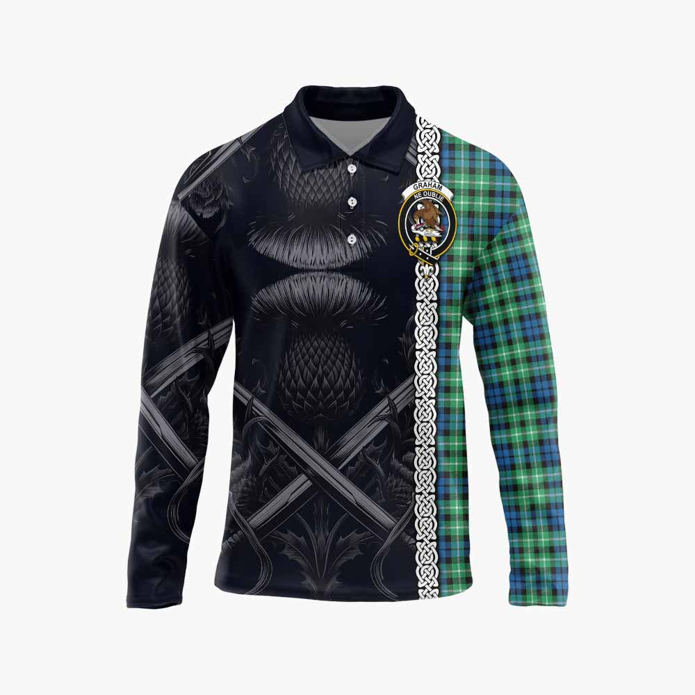 Tartan Vibes Clothing Graham Tartan Long Sleeve Polo Shirt with Family Crest Cross Sword Thistle Celtic Vibes