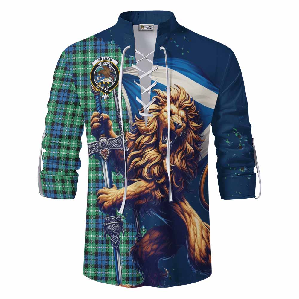 Tartan Vibes Clothing Graham Tartan Family Crest Ghillie Kilt Shirt with Scottish Majestic Lion