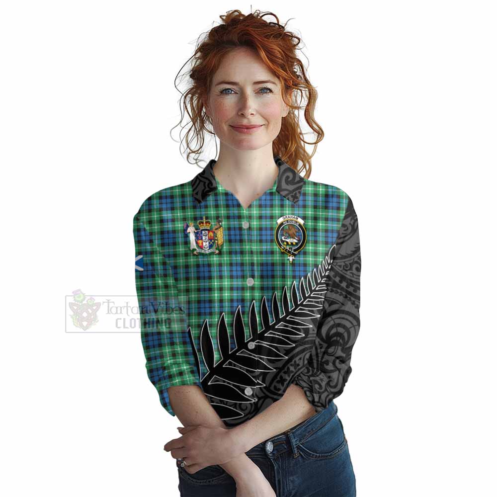 Tartan Vibes Clothing Graham Crest Tartan Women's Casual Shirt with New Zealand Silver Fern Half Style