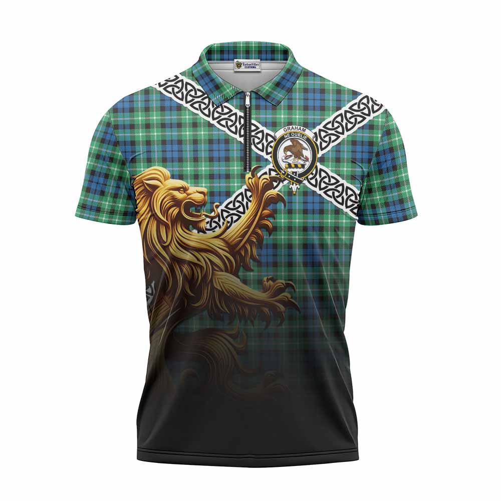 Graham Crest Tartan Zipper Polo Shirt with Golden Lion Emblem Celtic Style Unisex - Tartan Vibes Clothing