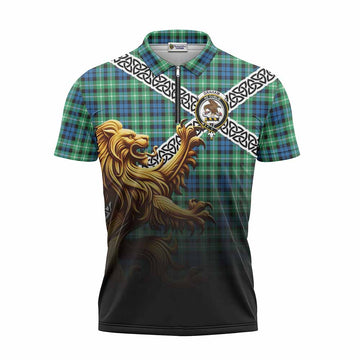 Graham Crest Tartan Zipper Polo Shirt with Golden Lion Emblem Celtic Style