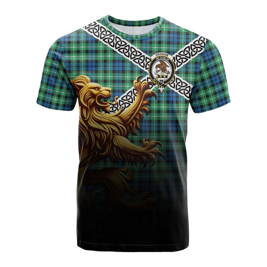 Tartan Vibes Clothing Graham Crest Tartan Cotton T-shirt with Golden Lion Emblem Celtic Style