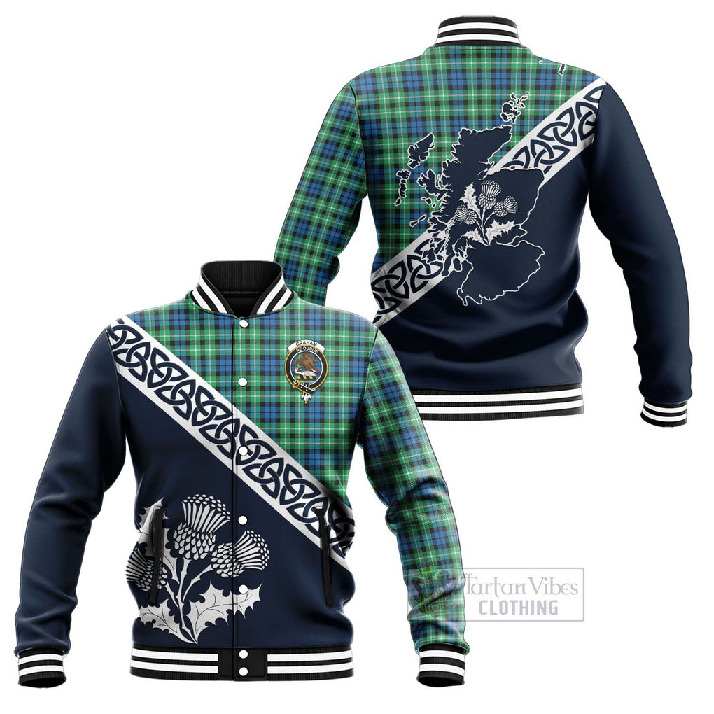Tartan Vibes Clothing Graham Tartan Baseball Jacket Featuring Thistle and Scotland Map