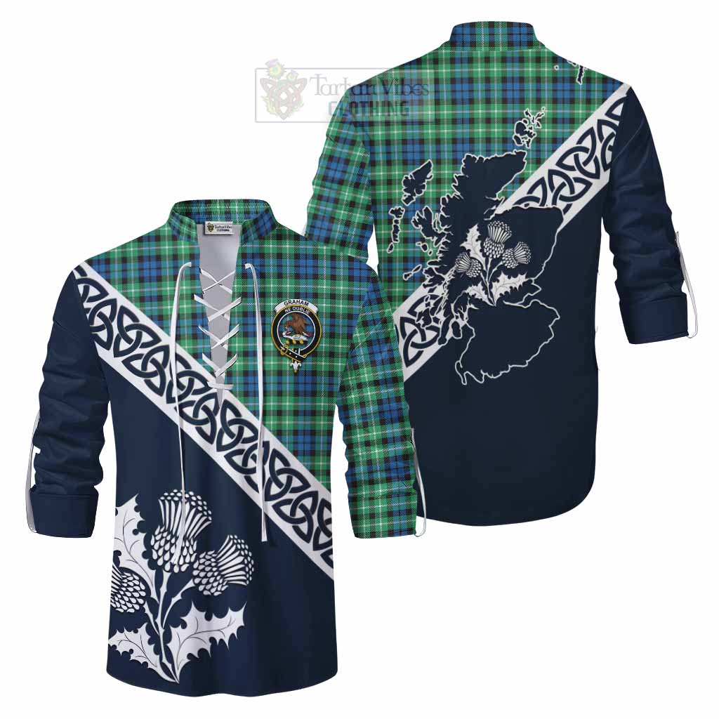 Tartan Vibes Clothing Graham Tartan Ghillie Kilt Shirt Featuring Thistle and Scotland Map