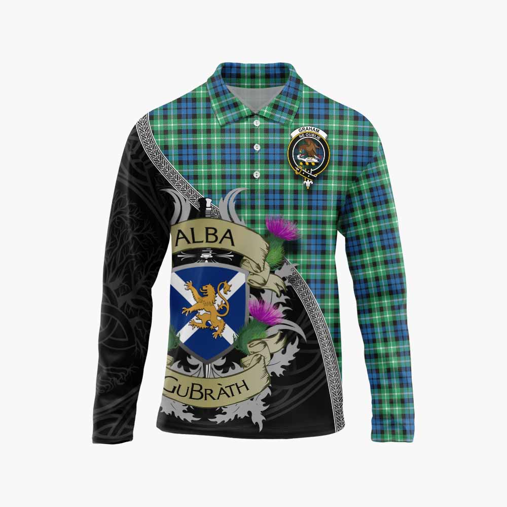 Tartan Vibes Clothing Graham Tartan Family Crest Long Sleeve Polo Shirt Lion Rampant Royal Thistle Shield Celtic Inspired