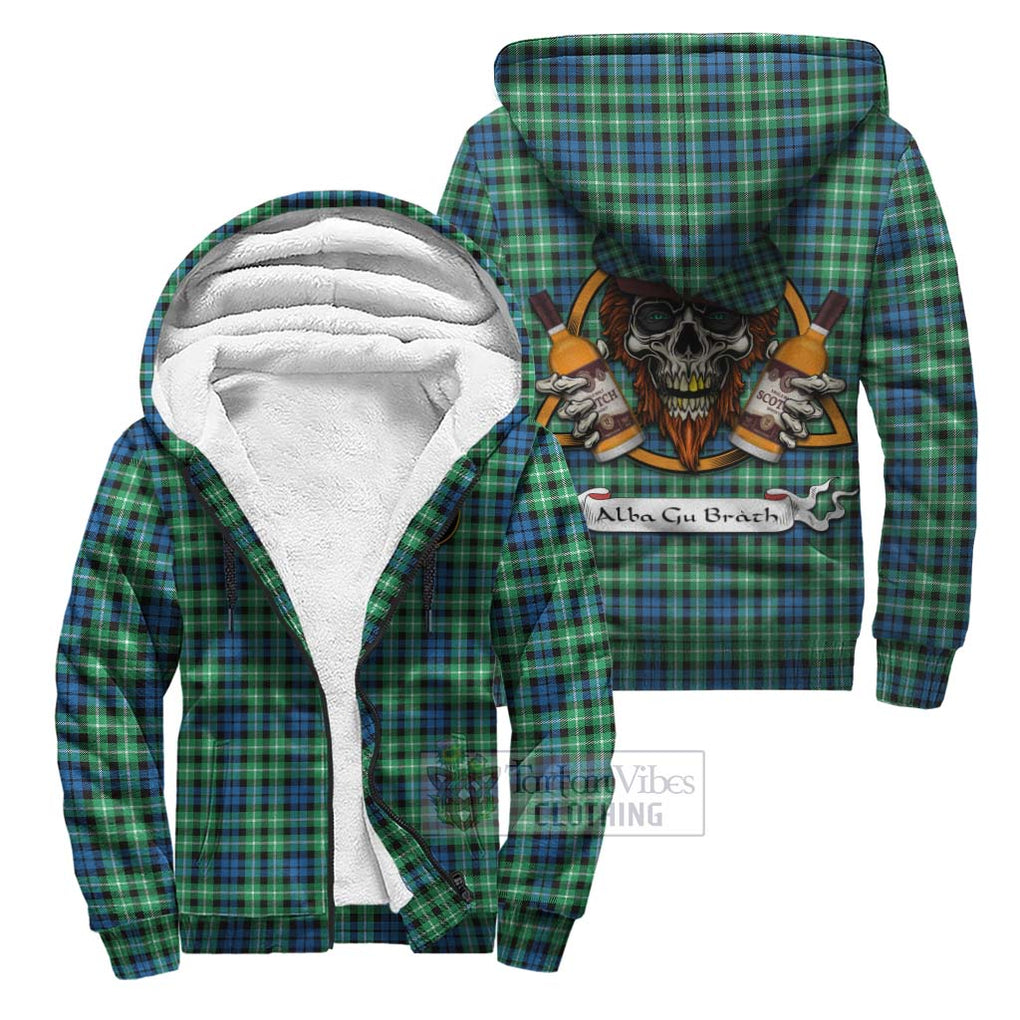 Tartan Vibes Clothing Graham Tartan Sherpa Hoodie with Family Crest and Bearded Skull Holding Bottles of Whiskey