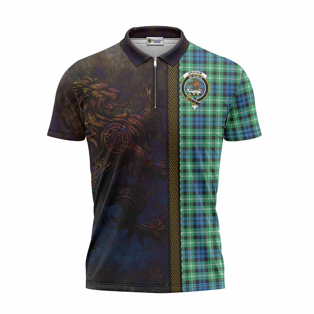 Tartan Vibes Clothing Graham Tartan Family Crest Zipper Polo Shirt Alba Gu Brath Be Brave Lion Ancient Style