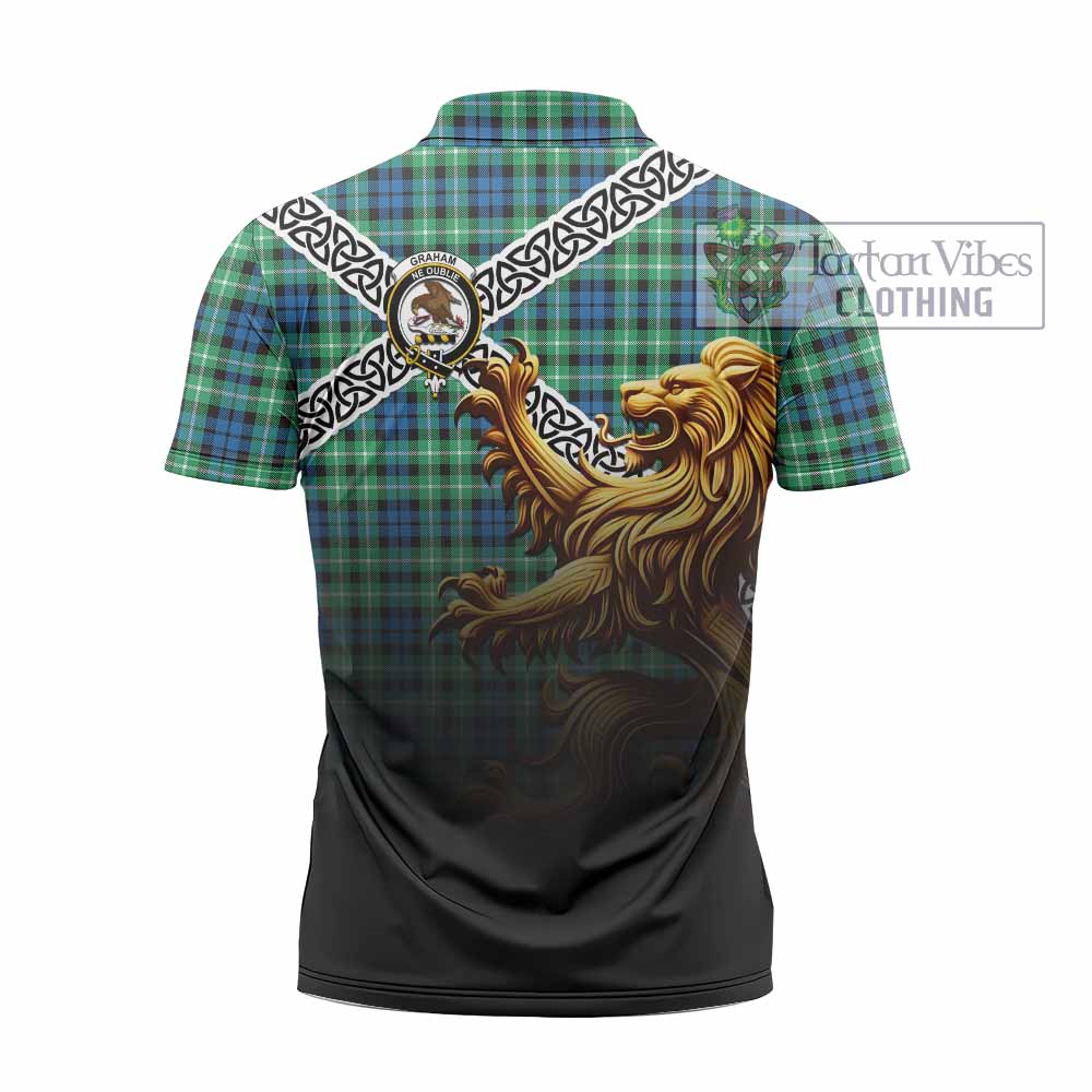 Graham Crest Tartan Zipper Polo Shirt with Golden Lion Emblem Celtic Style - Tartan Vibes Clothing