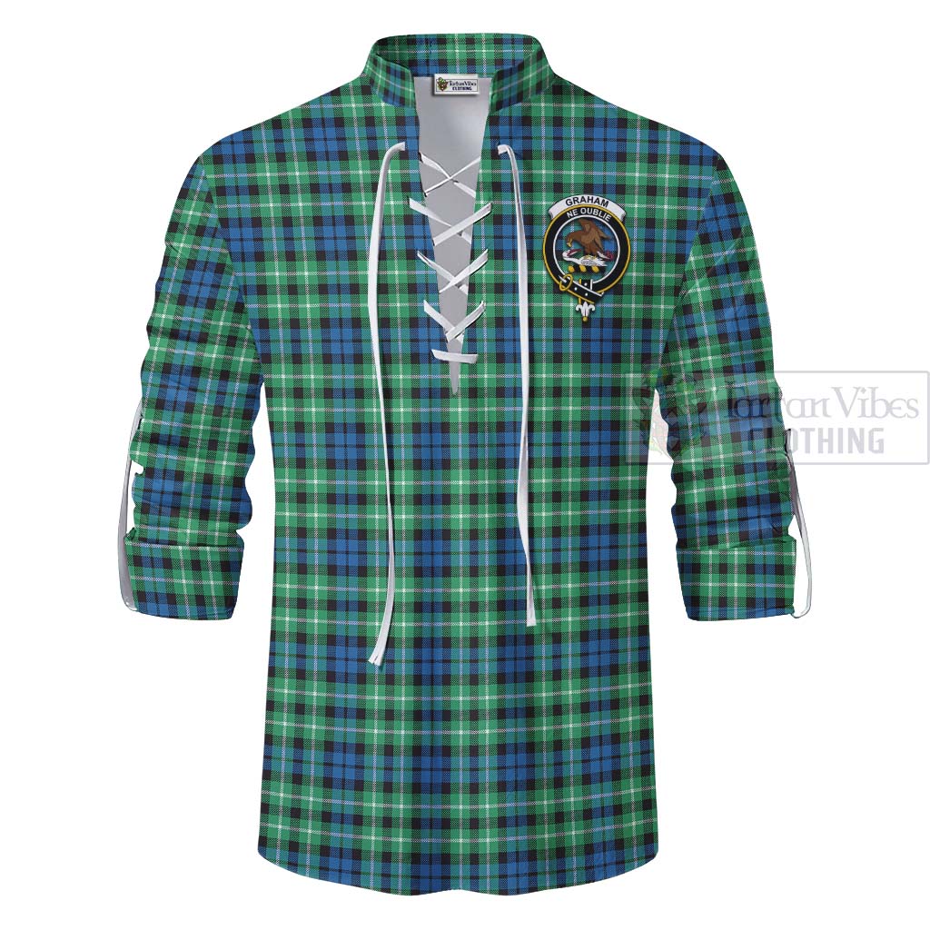 Tartan Vibes Clothing Graham Tartan Ghillie Kilt Shirt with Family Crest and Bearded Skull Holding Bottles of Whiskey