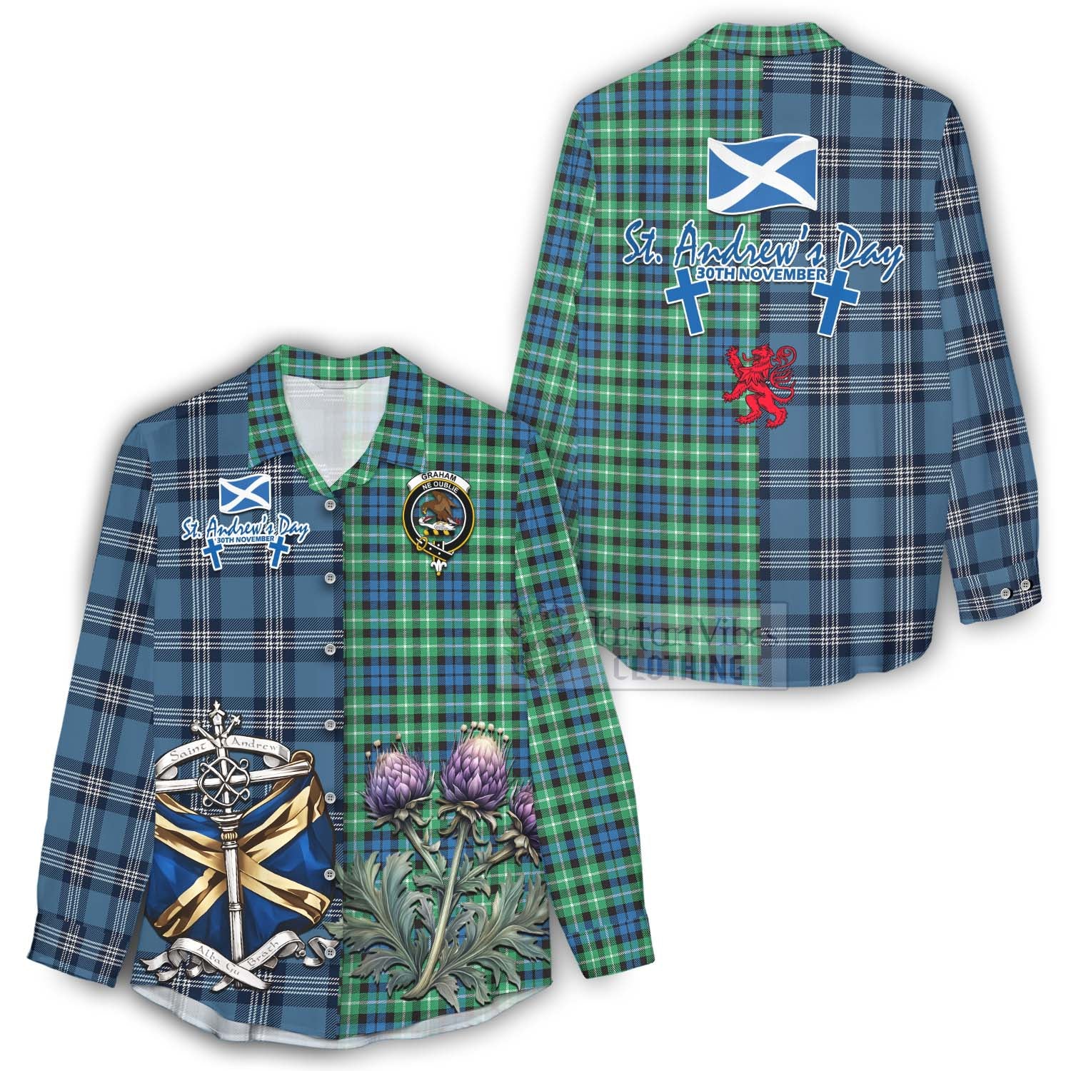 Tartan Vibes Clothing Graham Tartan Women's Casual Shirt Happy St. Andrew's Day Half Tartan Style