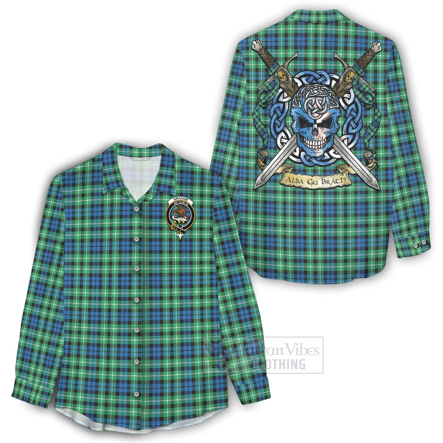 Tartan Vibes Clothing Graham Tartan Women's Casual Shirt with Family Crest Celtic Skull Style