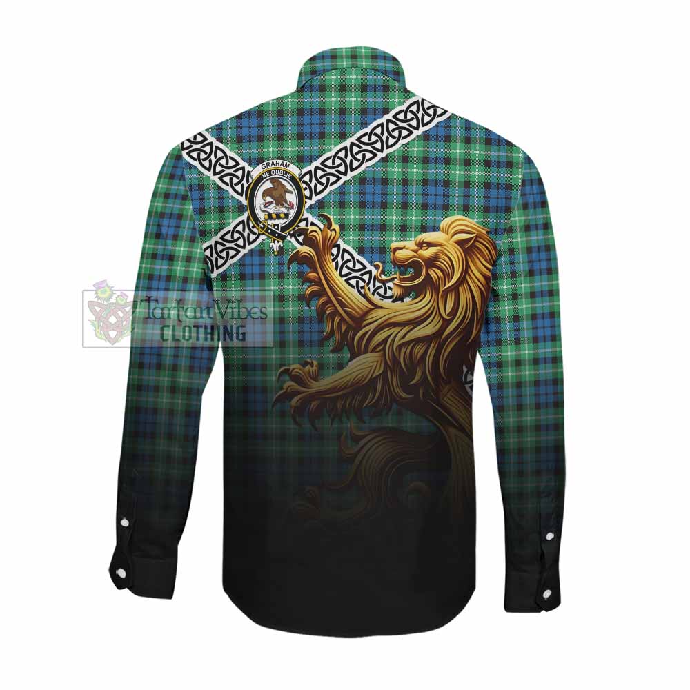 Tartan Vibes Clothing Graham Crest Tartan Long Sleeve Button Shirt with Golden Lion Emblem Celtic Style